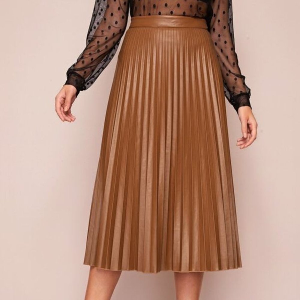 Contemporary Camel vegan leather pleated midi skir - Picture 2 of 6
